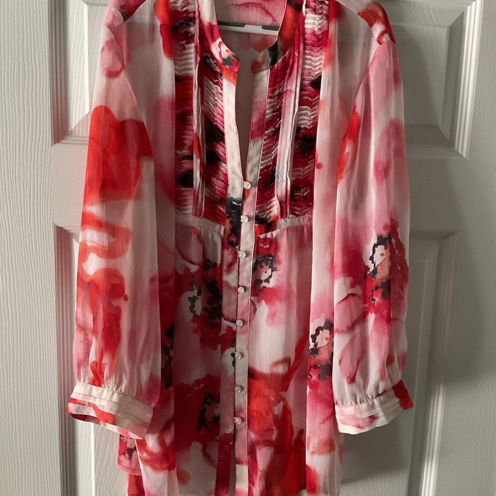 Talbots Pink and Red Watercolor Print Blouse
